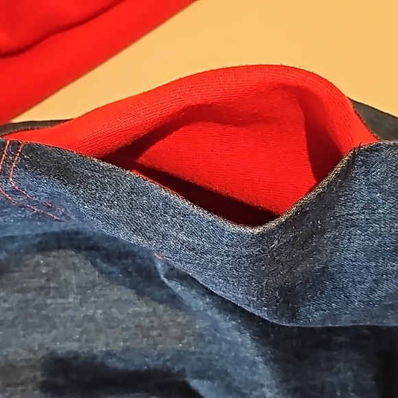 Vintage Patchwork Quilt Denim Jacket Coat Red Long Sleeve XL Pocket Boho Western - Picture 11 of 15